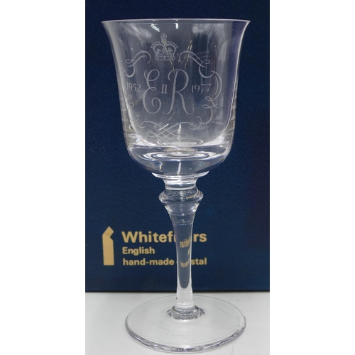 116 - A Wedgewood Silver Jubilee amethyst glass limited edition goblet with certificate, boxed, a Whitefri... 