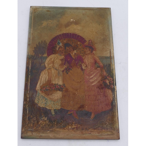 121 - A 19th Century Continental oil on panel, portrait of 3 ladies, indistinctly signed, unframed, 30.5 x... 