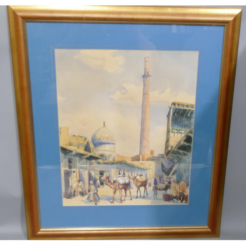 122 - An Arabic watercolour depicting a street market, unsigned and in a gilt frame, 43 x 36cm.