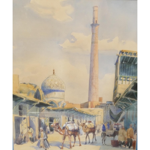 122 - An Arabic watercolour depicting a street market, unsigned and in a gilt frame, 43 x 36cm.