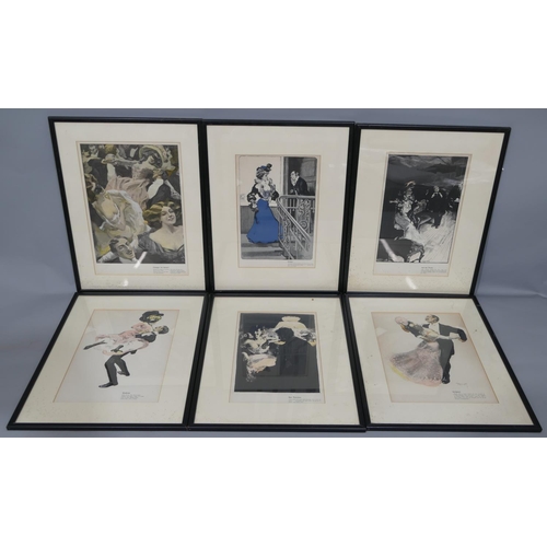 128 - A set of 6 Continental pictures depicting figures dancing etc, all in black frames, 37 x 26cm. (6)