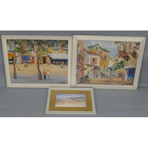 133 - Cecil D'Oyly John 2 coloured prints depicting street scene in white painted frames, largest 42.5 x 5... 