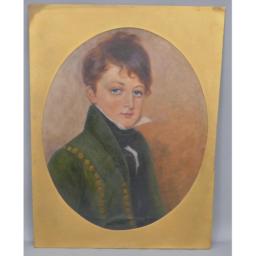 134 - An oval oil on canvas laid to board, shoulder length portrait of a young gentleman in green coat, mo... 