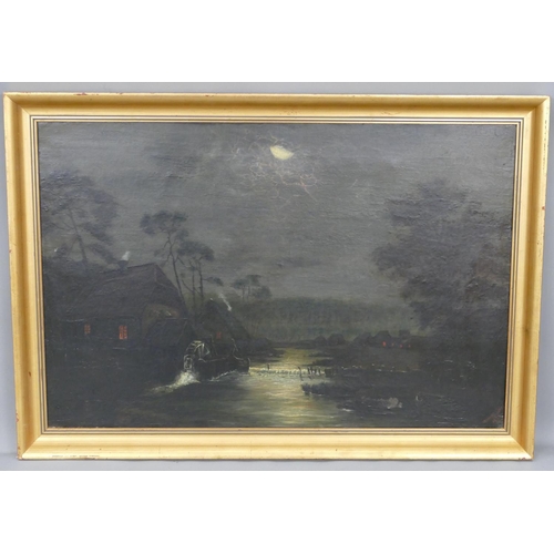 135 - A 19th Century oil on canvas moonlight scene depicting water mill, indistinctly signed and dated, in... 