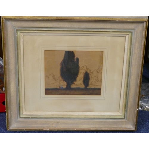 136 - Adrian Hill watercolour depicting 2 ladies standing beneath trees, indistinctly signed and dated '22... 