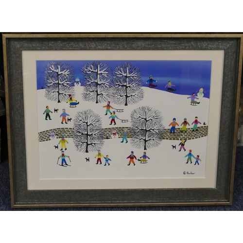 137 - G Barker modern watercolour and gouache winter landscape depicting various figures, skiing, sledging... 