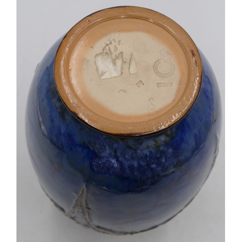 14 - A Royal Doulton glazed earthenware round bulbous thin necked vase on blue and brown ground with rais... 