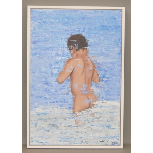 140 - George Tincu modern oil on canvas depicting young child bathing, framed in white painted frame, 91 x... 