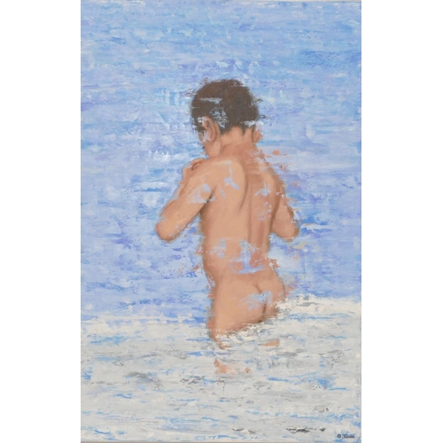 140 - George Tincu modern oil on canvas depicting young child bathing, framed in white painted frame, 91 x... 