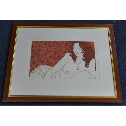 142 - RJ Barrola signed limited edition coloured print half-length portrait of reclining female nude, sign... 