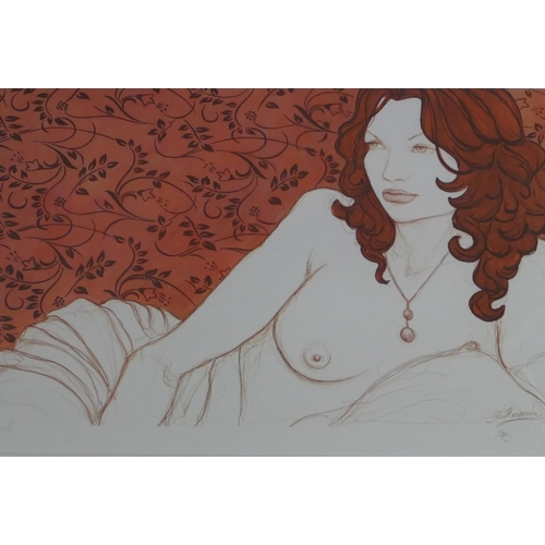 142 - RJ Barrola signed limited edition coloured print half-length portrait of reclining female nude, sign... 