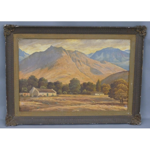 145 - AJ Swanepoel (South African) oil on canvas mountain landscape with 2 cottages and trees to base, sig... 