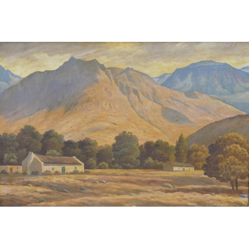 145 - AJ Swanepoel (South African) oil on canvas mountain landscape with 2 cottages and trees to base, sig... 