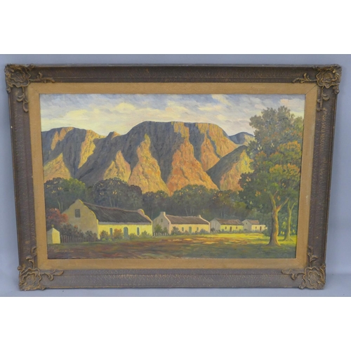 146 - AJ Swanepoel (South African) oil on canvas mountain landscape with various cottages and trees to bas... 