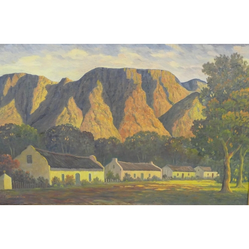 146 - AJ Swanepoel (South African) oil on canvas mountain landscape with various cottages and trees to bas... 