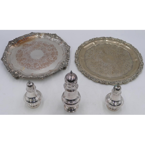 154 - A silver-plated card tray with shell and gadrooned rim and etched centre.  29cm diameter, a similar ... 