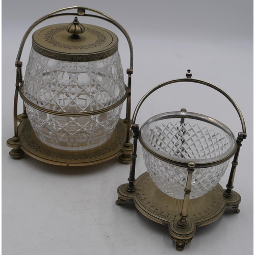 155 - A silver-plated and cut glass round bulbous shaped biscuit barrel with cover, a matching plated fram... 