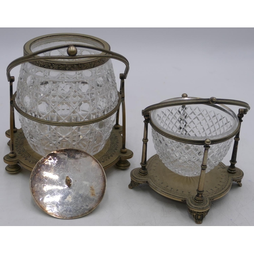 155 - A silver-plated and cut glass round bulbous shaped biscuit barrel with cover, a matching plated fram... 