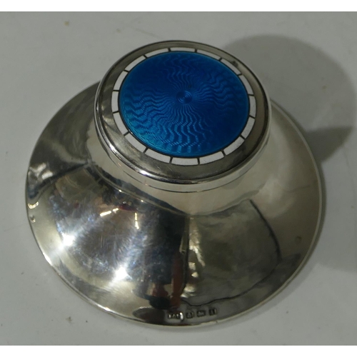 160 - A Birmingham silver round inkwell with hinged lid and turquoise and white enamelled decoration on sw... 