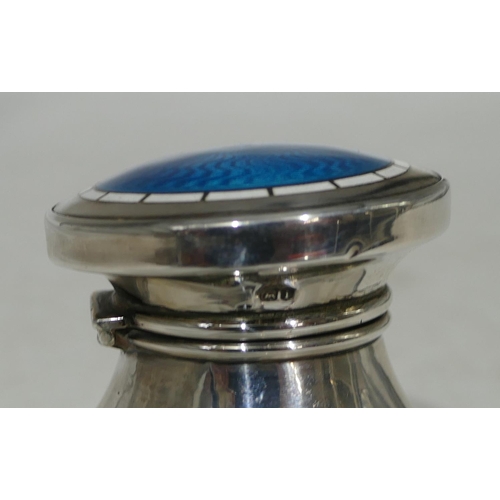 160 - A Birmingham silver round inkwell with hinged lid and turquoise and white enamelled decoration on sw... 