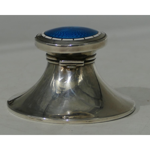 160 - A Birmingham silver round inkwell with hinged lid and turquoise and white enamelled decoration on sw... 