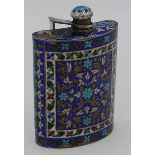 165 - A 925 silver and enamel concave shaped hip flask on blue ground with multi-coloured floral and leaf ... 