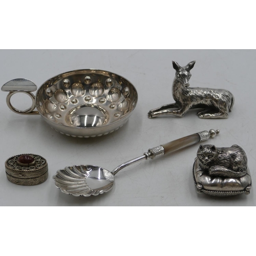 180 - A heavy silver-plated model of a deer, 8cm long, a silver-plated wine taster with embossed ball deco... 