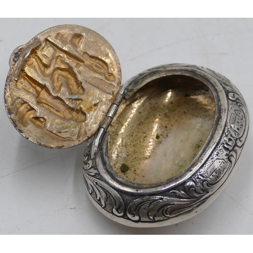 184 - A Continental 800 silver-coloured metal bulbous shaped snuff box with hinged lid, allover embossed f... 