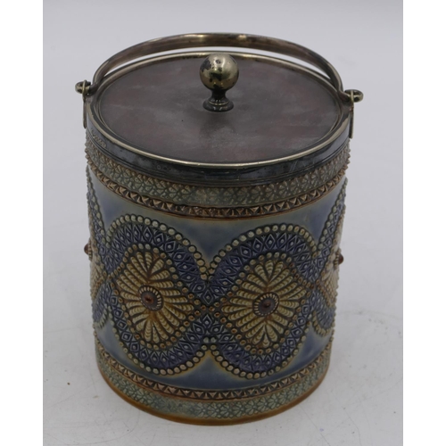 19 - A 19th Century Doulton and Lambeth round bulbous shaped biscuit barrel with plated rim, cover and sw... 