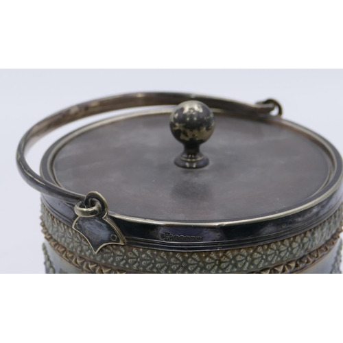 19 - A 19th Century Doulton and Lambeth round bulbous shaped biscuit barrel with plated rim, cover and sw... 