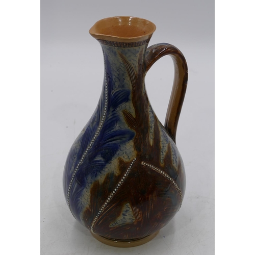 20 - Frank A. Butler 19th Century Doulton and Lambeth round bulbous thin necked jug on blue and brown gro... 