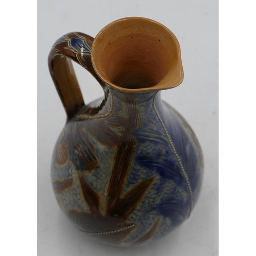 20 - Frank A. Butler 19th Century Doulton and Lambeth round bulbous thin necked jug on blue and brown gro... 