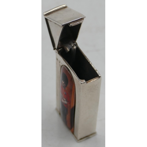 202 - A modern Sterling silver novelty Vesta case of form of a guard's box with enamelled guardsman, 5.8cm... 