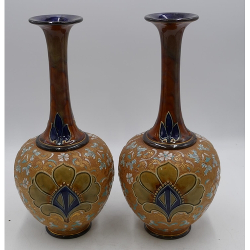 22 - A pair of Royal Doulton and Slater round bulbous thin necked trumpet shaped vases on brown and green... 