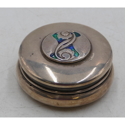 223 - A Liberty & Co Cymric silver round bulbous shaped box with cover, inlaid with part enamel (some enam... 