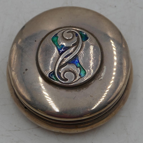 223 - A Liberty & Co Cymric silver round bulbous shaped box with cover, inlaid with part enamel (some enam... 