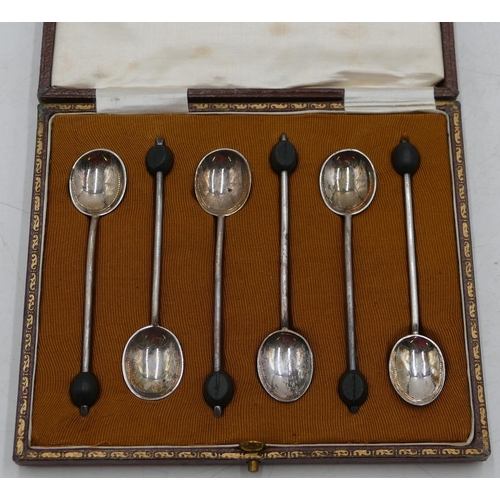 224 - A Harlequin set of 6 Birmingham silver coffee bean spoons in fitted brown leather case, 1.6oz gross.