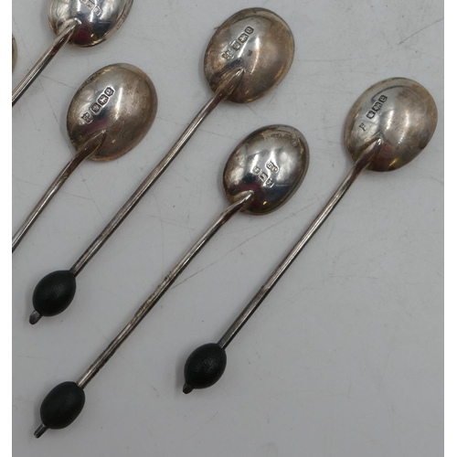 224 - A Harlequin set of 6 Birmingham silver coffee bean spoons in fitted brown leather case, 1.6oz gross.