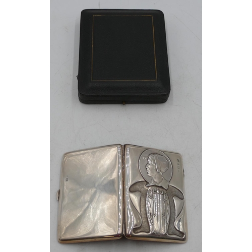 230 - An Edward VII silver Art Nouveau card case with embossed figurehead, floral and ribbon decoration, h... 