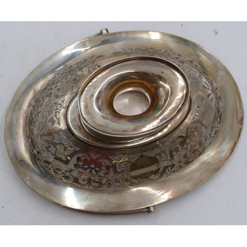 236 - A Sheffield silver oval cake basket with swing overhead handle, allover pierced leaf and scroll deco... 