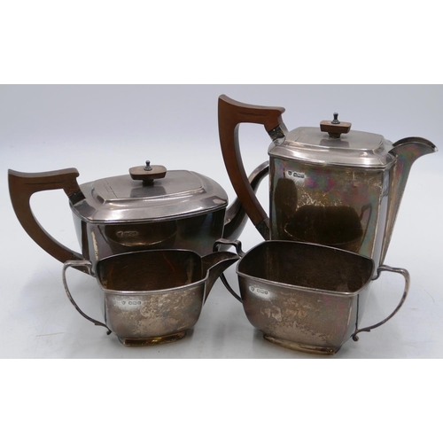 239 - An Edward VIII 4-piece plain rectangular shaped tea and coffee service with wooden handles and finia... 