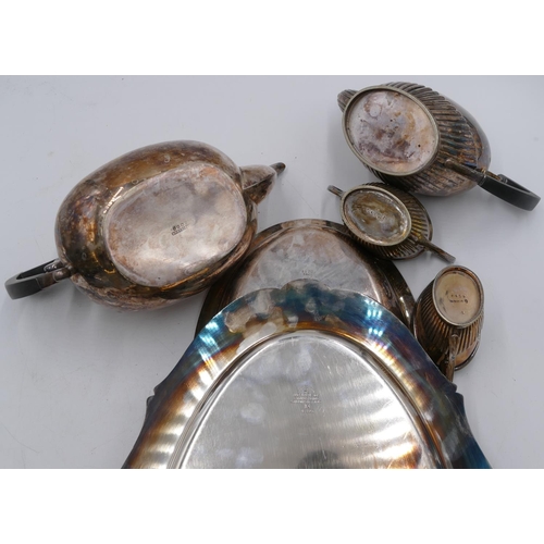 241 - A silver-plated oval scallop shaped salver, 45.5cm wide, an oval plated 2-handled lidded entre dish ... 