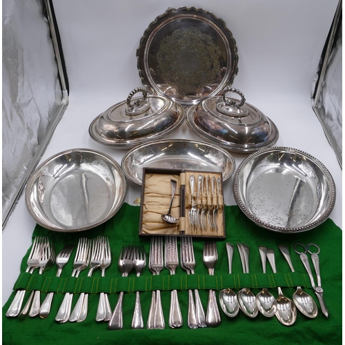 243 - A pair of silver-plated oval lidded entrée dishes with raised ball rims, a similar entrée dish with ... 