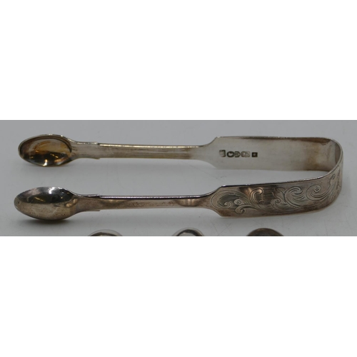 245 - A pair of Victorian Chester silver sugar tongs with engraved scroll decoration and 6 Continental sil... 