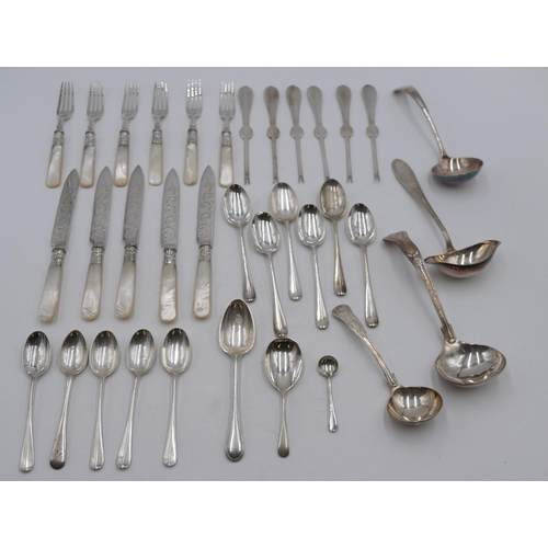 249 - A set of 6 silver-plated and Mother of Pearl handled fruit forks and 5 matching knives and a small q... 