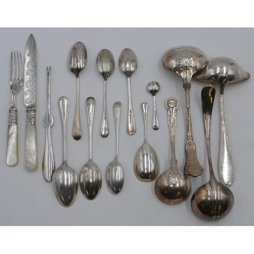 249 - A set of 6 silver-plated and Mother of Pearl handled fruit forks and 5 matching knives and a small q... 