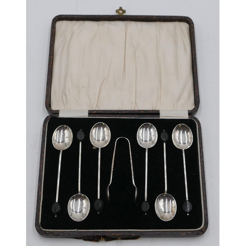 250 - A set of 6 Birmingham silver coffee bean spoons and a pair of near matching small sugar tongs, all i... 