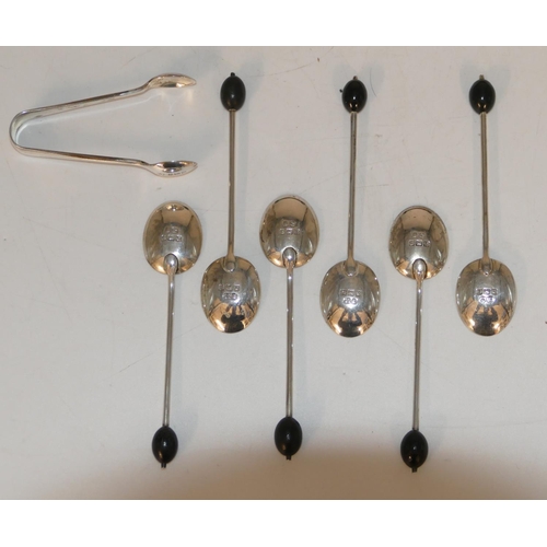 250 - A set of 6 Birmingham silver coffee bean spoons and a pair of near matching small sugar tongs, all i... 