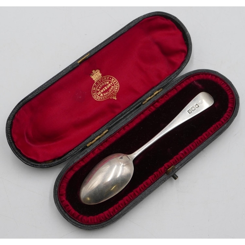 262 - A London silver child's spoon with engraved handle in fitted leather case.