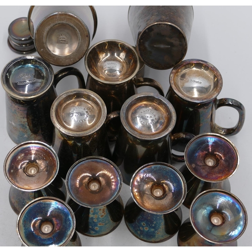 268 - 2 plated cocktail shakers; a set of 6 Floureat trumpet shaped glasses; 4 half pint tankards and a sm... 